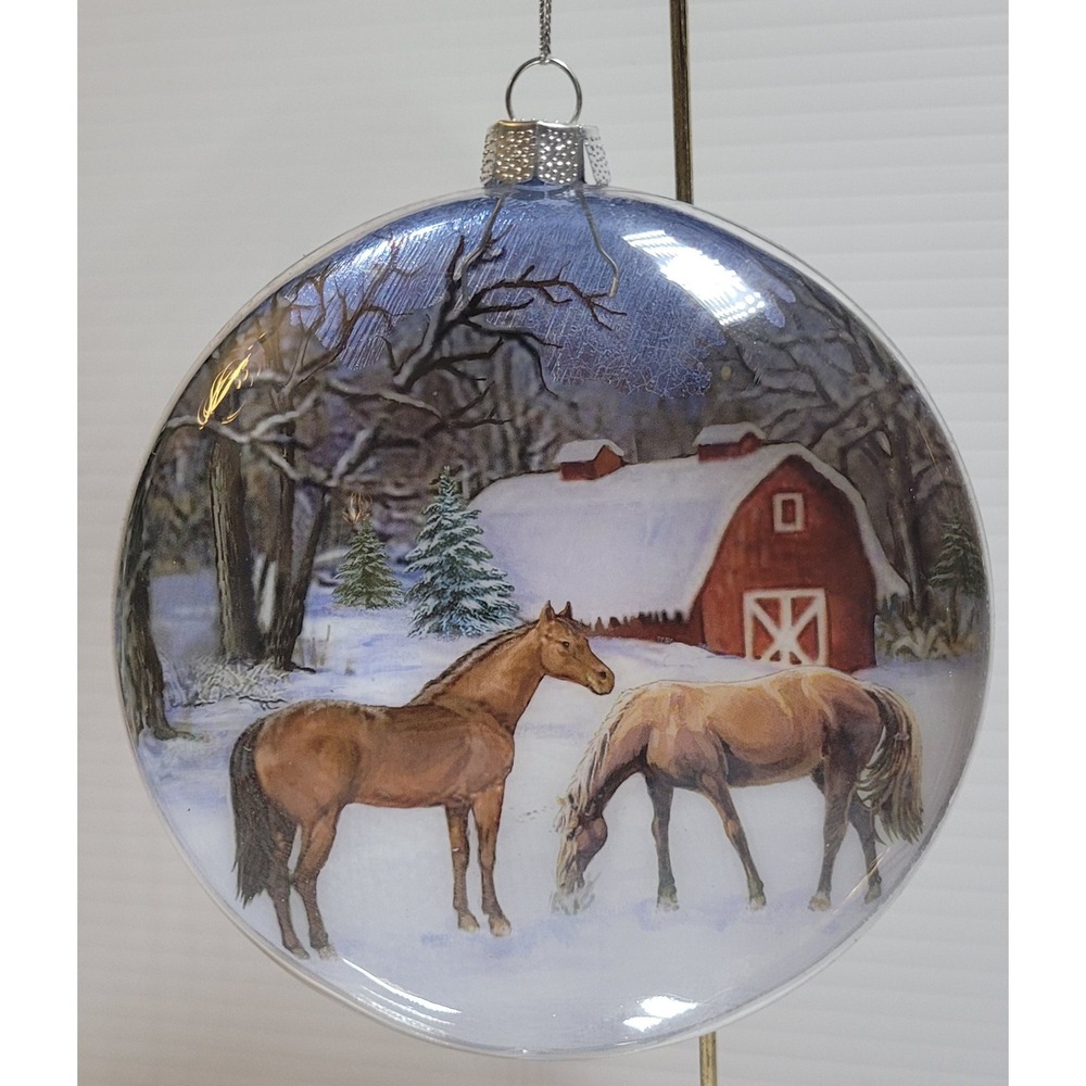 Roman Inc Christmas Ornament Winter Scene‎ Horses Barn Silver Disc 2011 NEW RARE